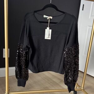 Black Sequin Sleeve Women's Top